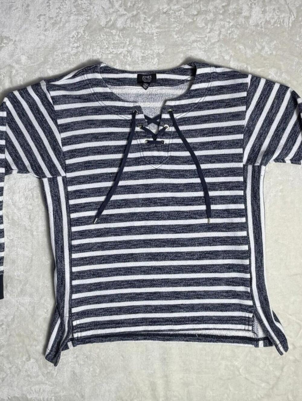 Jones New York Signature Sweater Womens Small Blue Striped Lace Up French Terry